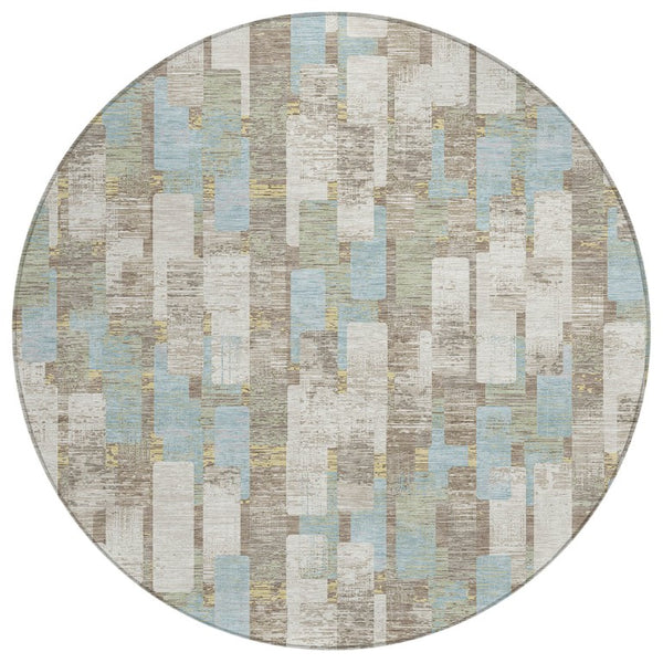 8 Ft Round Geometric Polyester Area Rug Washable Ivory Khaki Patio Indoor