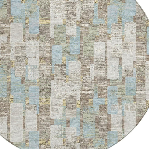 HomeRoots 8 Ft Round Geometric Polyester Area Rug Washable Ivory Khaki Patio Indoor 734736