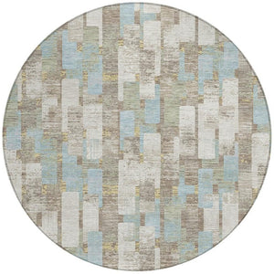8 Ft Round Geometric Polyester Area Rug Washable Ivory Khaki Patio Indoor