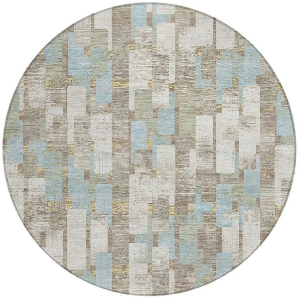 8 Ft Round Geometric Polyester Area Rug Washable Ivory Khaki Patio Indoor