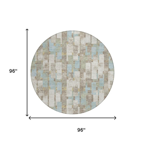 8 Ft Round Geometric Polyester Area Rug Washable Ivory Khaki Patio Indoor