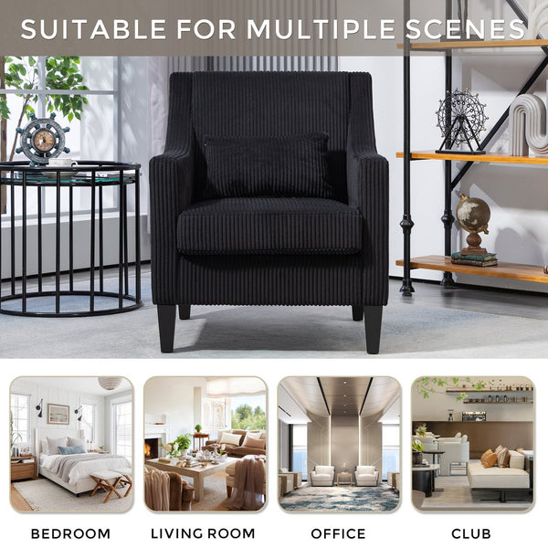 English Elm COOLMORE Modern Accent Chair with Corduroy Upholstery, Solid Wood Frame, Supportive Dual Pillows for Cozy Living Spaces Black W395P195364