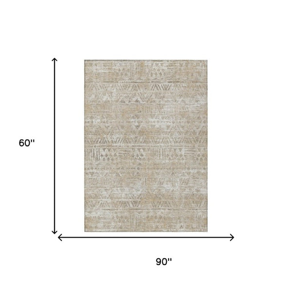5x8 Ivory Beige Geometric Polyester Rug Washable Stain Resistant Indoor Outdoor Use