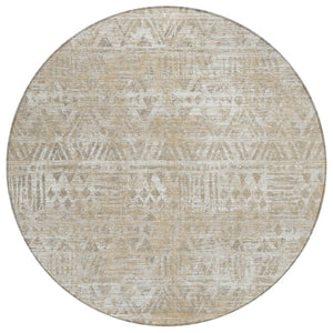 8 Foot Round Geometric Polyester Area Rug Washable Indoor Outdoor Ivory Beige