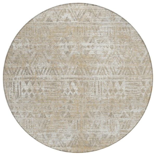8 Foot Round Geometric Polyester Area Rug Washable Indoor Outdoor Ivory Beige