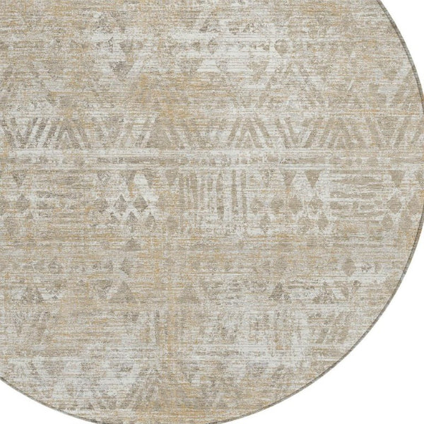 HomeRoots 8 Foot Round Geometric Polyester Area Rug Washable Indoor Outdoor Ivory Beige 734748