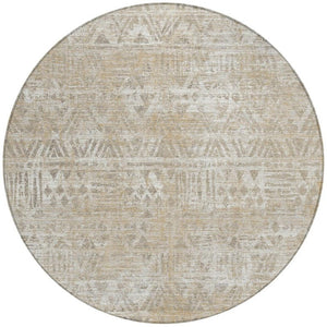 8 Foot Round Geometric Polyester Area Rug Washable Indoor Outdoor Ivory Beige