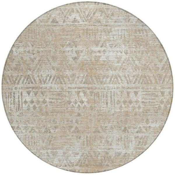 8 Foot Round Geometric Polyester Area Rug Washable Indoor Outdoor Ivory Beige