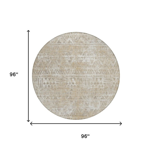 8 Foot Round Geometric Polyester Area Rug Washable Indoor Outdoor Ivory Beige