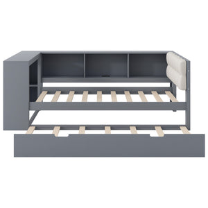 English Elm Wood Twin Platform Bed Linen Headboard Storage Shelves Trundle Charging Station Gray N709P004023E