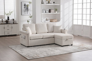 English Elm UNITED Corduroy L-Shaped Sectional Sofa with Storage Ottoman, USB Ports, Cup Holders & LED Lighting Beige W1568P332400