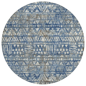 8 Ft Round Geometric Polyester Area Rug Washable Navy Blue Indoor Outdoor Patio