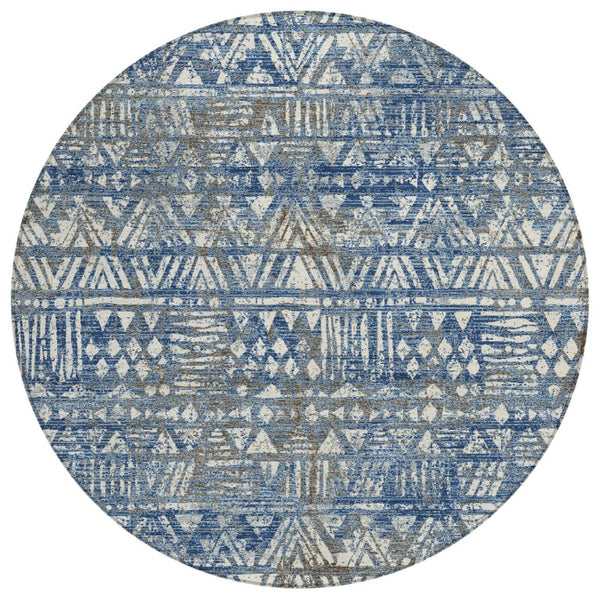 8 Ft Round Geometric Polyester Area Rug Washable Navy Blue Indoor Outdoor Patio