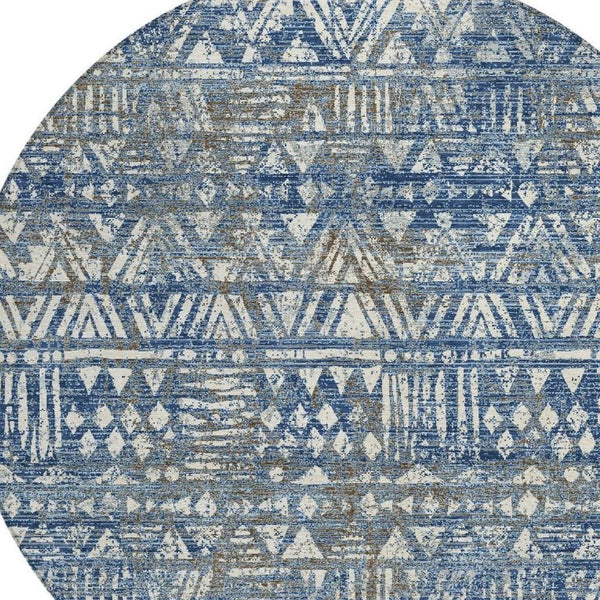 HomeRoots 8 Ft Round Geometric Polyester Area Rug Washable Navy Blue Indoor Outdoor Patio 734754
