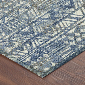 8 Ft Round Geometric Polyester Area Rug Washable Navy Blue Indoor Outdoor Patio