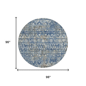 8 Ft Round Geometric Polyester Area Rug Washable Navy Blue Indoor Outdoor Patio