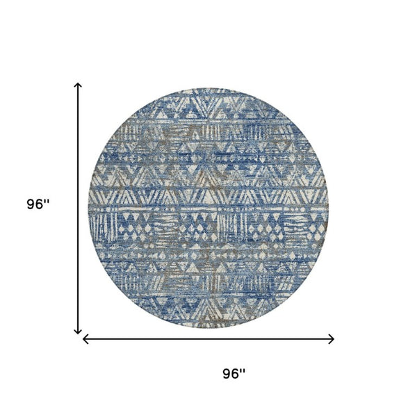 8 Ft Round Geometric Polyester Area Rug Washable Navy Blue Indoor Outdoor Patio
