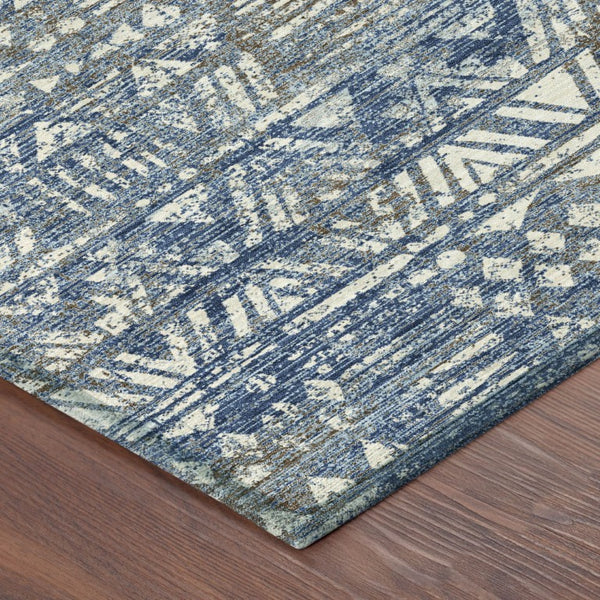 10 X 14 Navy Geometric Polyester Area Rug Washable Stain Resistant Indoor Outdoor Use