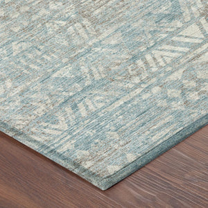 5 X 8 Teal Pewter Geometric Polyester Washable Rug for Patio Porch or Living Room