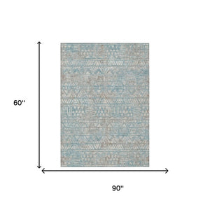5 X 8 Teal Pewter Geometric Polyester Washable Rug for Patio Porch or Living Room