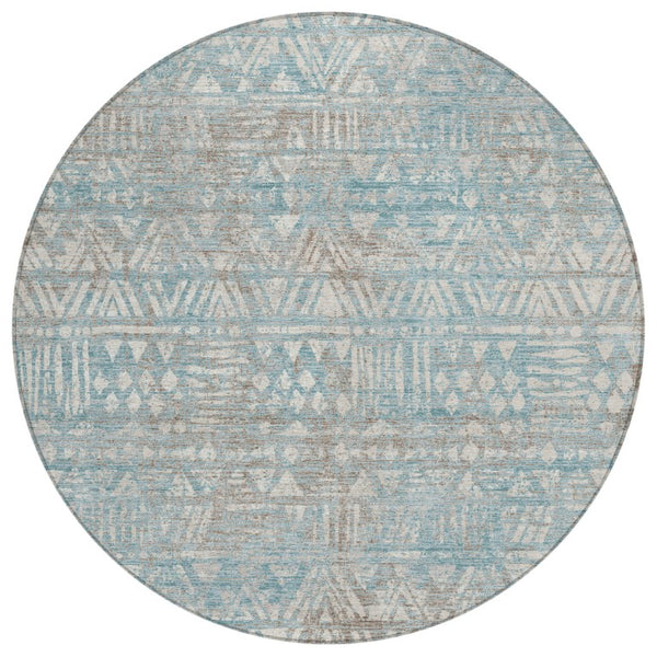 8 Ft Round Teal Pewter Geometric Polyester Rug Stain Resistant Indoor Outdoor