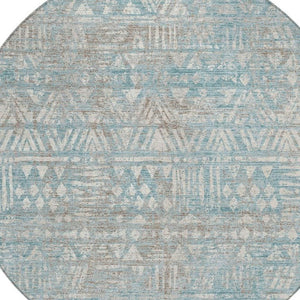 HomeRoots 8 Ft Round Teal Pewter Geometric Polyester Rug Stain Resistant Indoor Outdoor 734766