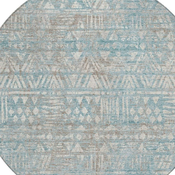 HomeRoots 8 Ft Round Teal Pewter Geometric Polyester Rug Stain Resistant Indoor Outdoor 734766