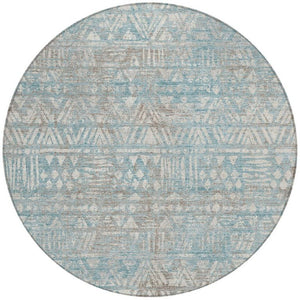 8 Ft Round Teal Pewter Geometric Polyester Rug Stain Resistant Indoor Outdoor