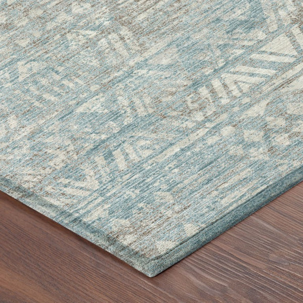 8 Ft Round Teal Pewter Geometric Polyester Rug Stain Resistant Indoor Outdoor