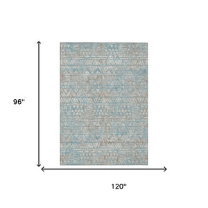 8x10 Teal Pewter Geometric Polyester Rug Washable for Patio Porch or Living Room