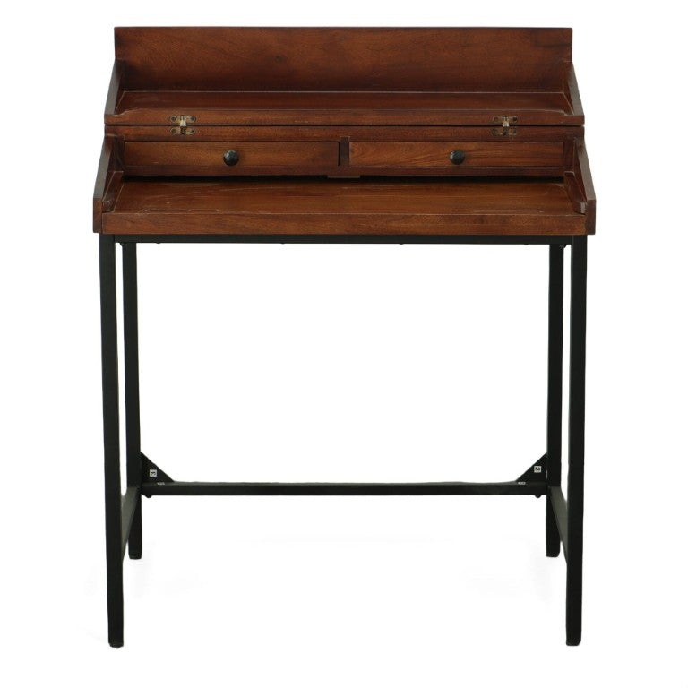 HomeRoots 31 Inch Chestnut Iron Frame Writing Desk Solid Wood Two Drawer Home Office Furniture 734770