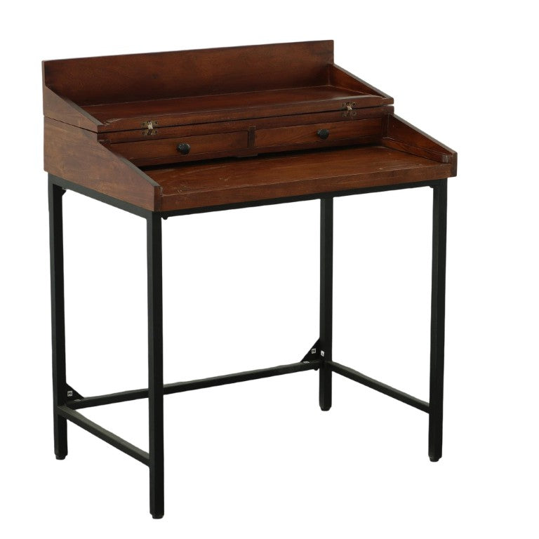 HomeRoots 31 Inch Chestnut Iron Frame Writing Desk Solid Wood Two Drawer Home Office Furniture 734770