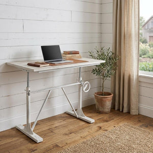 Adjustable Antiqued Trestle Standing Desk Solid Wood Iron Frame Home Office