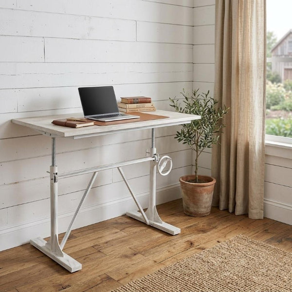 Adjustable Antiqued Trestle Standing Desk Solid Wood Iron Frame Home Office