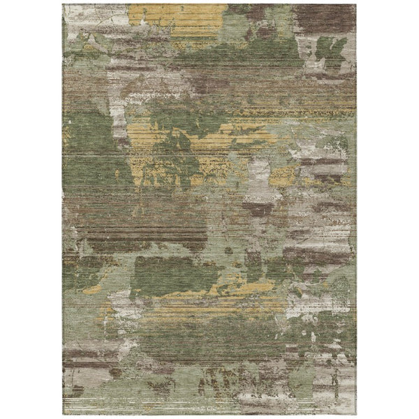 8x10 Abstract Olive Washable Polyester Area Rug for Indoor Outdoor Living Spaces