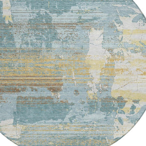 HomeRoots 8 Ft Round Abstract Teal Pewter Polyester Area Rug Washable for Indoor Outdoor Use 734805