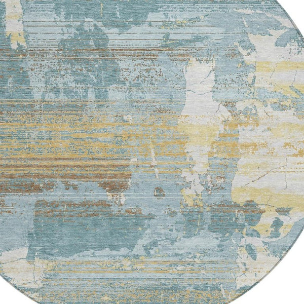 HomeRoots 8 Ft Round Abstract Teal Pewter Polyester Area Rug Washable for Indoor Outdoor Use 734805
