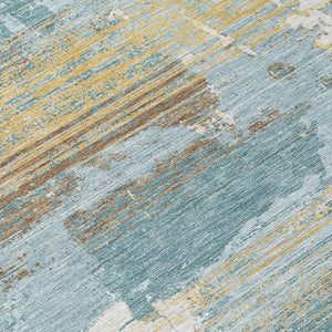 8 Ft Round Abstract Teal Pewter Polyester Area Rug Washable for Indoor Outdoor Use