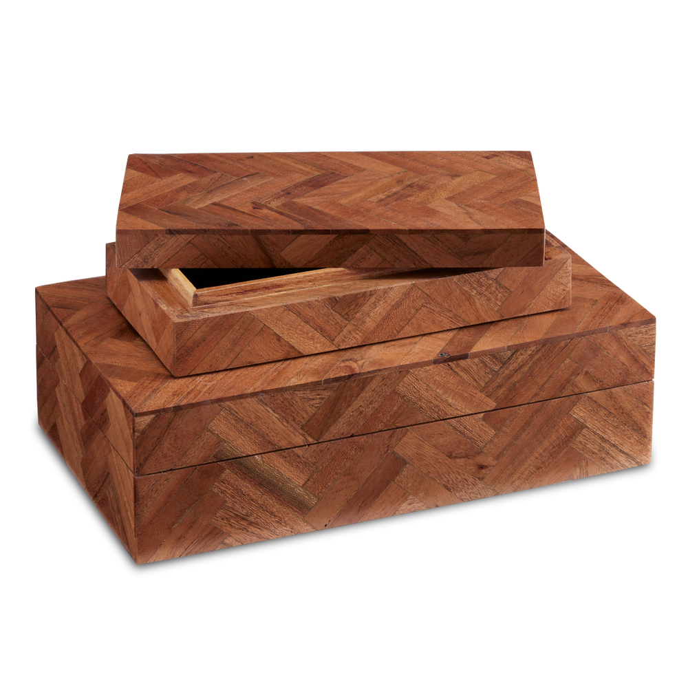 Alfeo Wood Box Set of 2 - Artisan Herringbone Patterned Decorative Storage, Unique Natural Finish