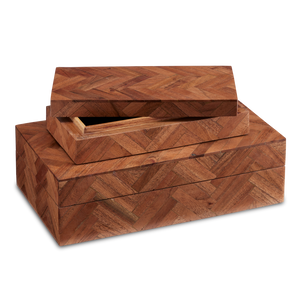 Alfeo Wood Box Set of 2 - Artisan Herringbone Patterned Decorative Storage, Unique Natural Finish
