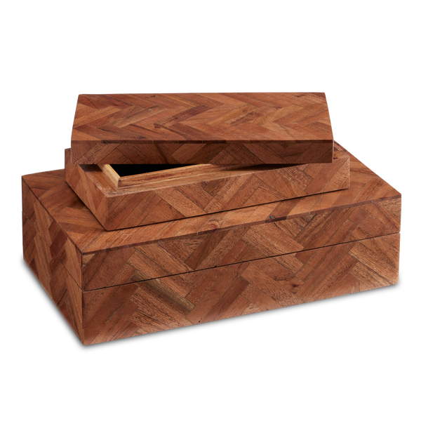 Alfeo Wood Box Set of 2 - Artisan Herringbone Patterned Decorative Storage, Unique Natural Finish