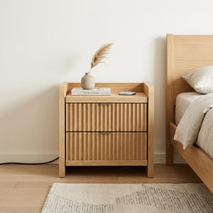22 Inch Ribbed Wood Nightstand with Two Drawers Usb Charging Port for Modern Bedroom