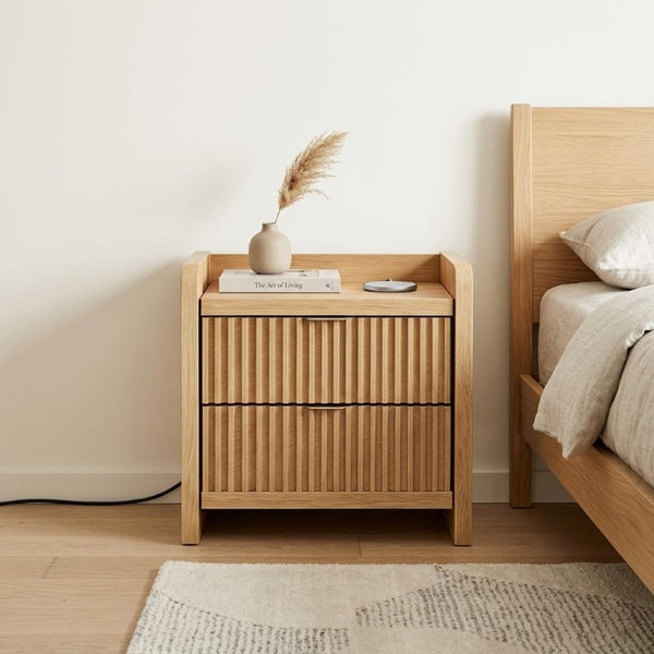 22 Inch Ribbed Wood Nightstand with Two Drawers Usb Charging Port for Modern Bedroom