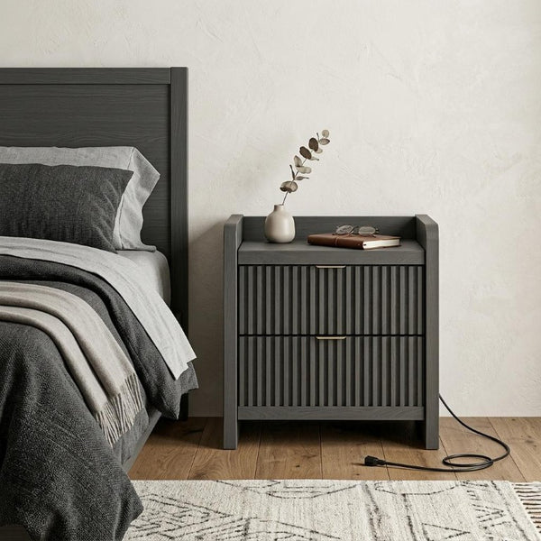 22 Inch Ribbed Wood Nightstand with Two Drawers Usb Charging Port for Modern Bedroom