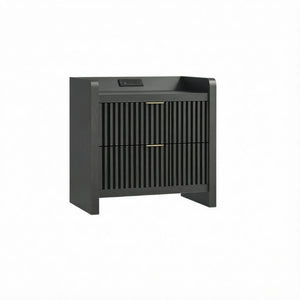 HomeRoots 22 Inch Ribbed Wood Nightstand with Two Drawers Usb Charging Port for Modern Bedroom Black 734852