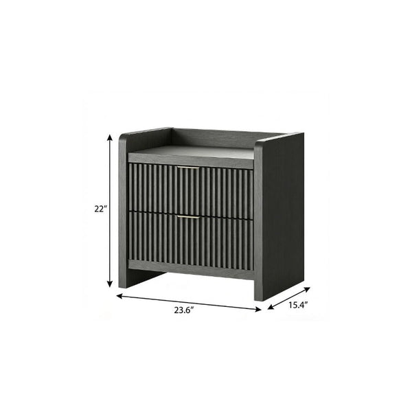22 Inch Ribbed Wood Nightstand with Two Drawers Usb Charging Port for Modern Bedroom