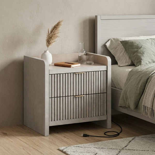 22 Inch Ribbed Wood Nightstand with Two Drawers Usb Charging Port for Modern Bedroom
