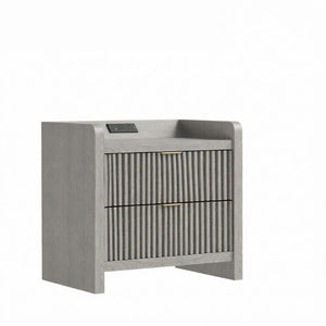 22 Inch Ribbed Wood Nightstand with Two Drawers Usb Charging Port for Modern Bedroom