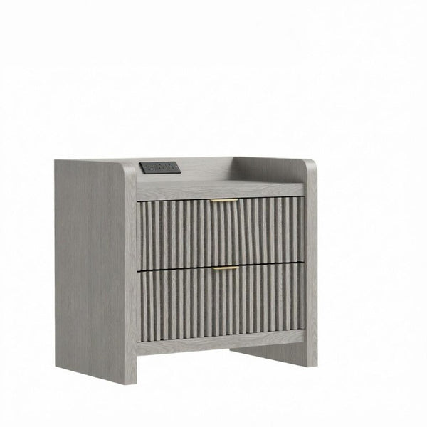 22 Inch Ribbed Wood Nightstand with Two Drawers Usb Charging Port for Modern Bedroom