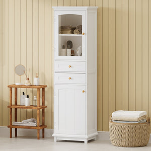 English Elm 63" Tall Bathroom Vanity Cabinet with Glass Doors, Two Drawers and Adjustable Shelves for Stylish Storage White N729P171305K